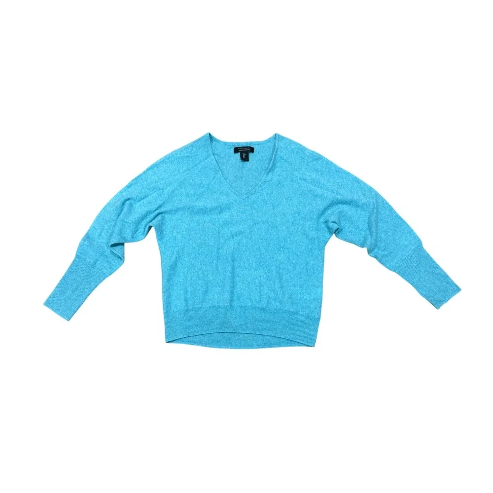 Tahari Turquoise 100% 2-Ply Cashmere V-Neck Sweater Women Medium M Blue Knit